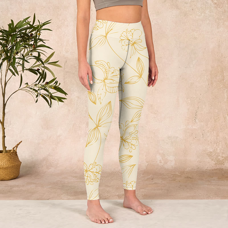 Buddha Stones Beige Flower Vine Print Gym Leggings Women's Yoga Pants - image 3