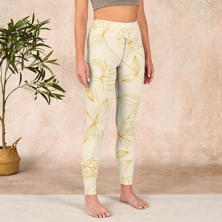 Buddha Stones Beige Flower Vine Print Gym Leggings Women's Yoga Pants - image 3