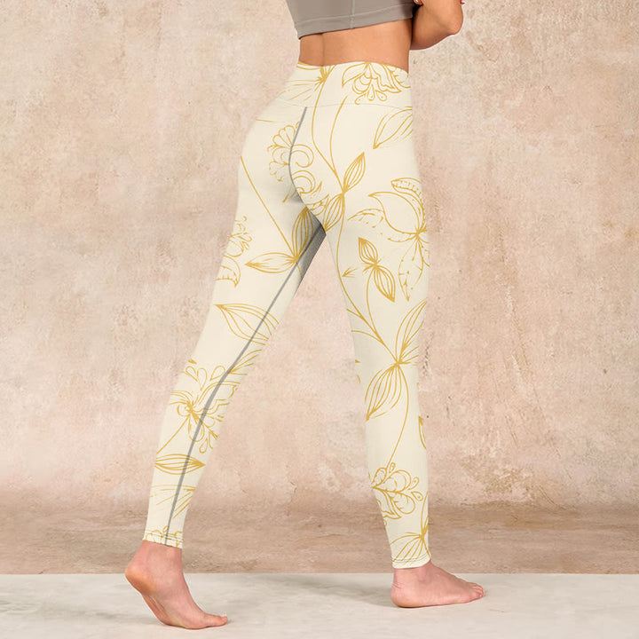 Buddha Stones Beige Flower Vine Print Gym Leggings Women's Yoga Pants - image 4