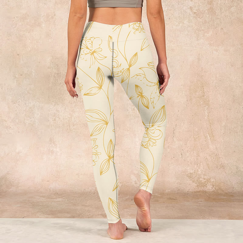 Buddha Stones Beige Flower Vine Print Gym Leggings Women's Yoga Pants - image 16