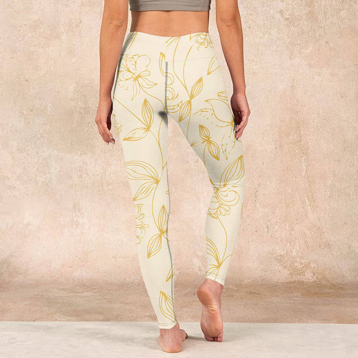 Buddha Stones Beige Flower Vine Print Gym Leggings Women's Yoga Pants - image 16