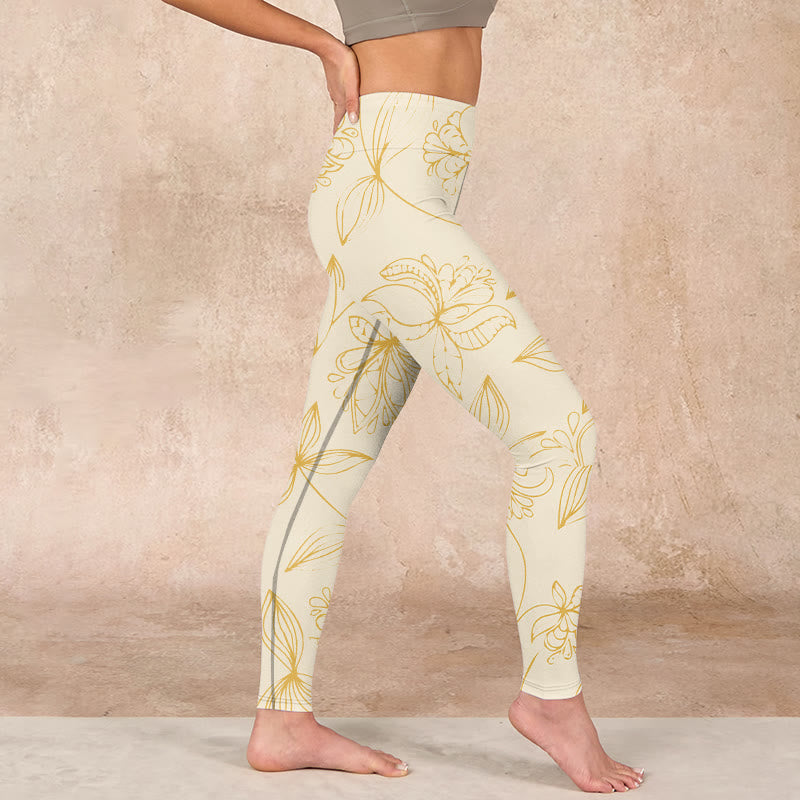 Buddha Stones Beige Flower Vine Print Gym Leggings Women's Yoga Pants - image 14