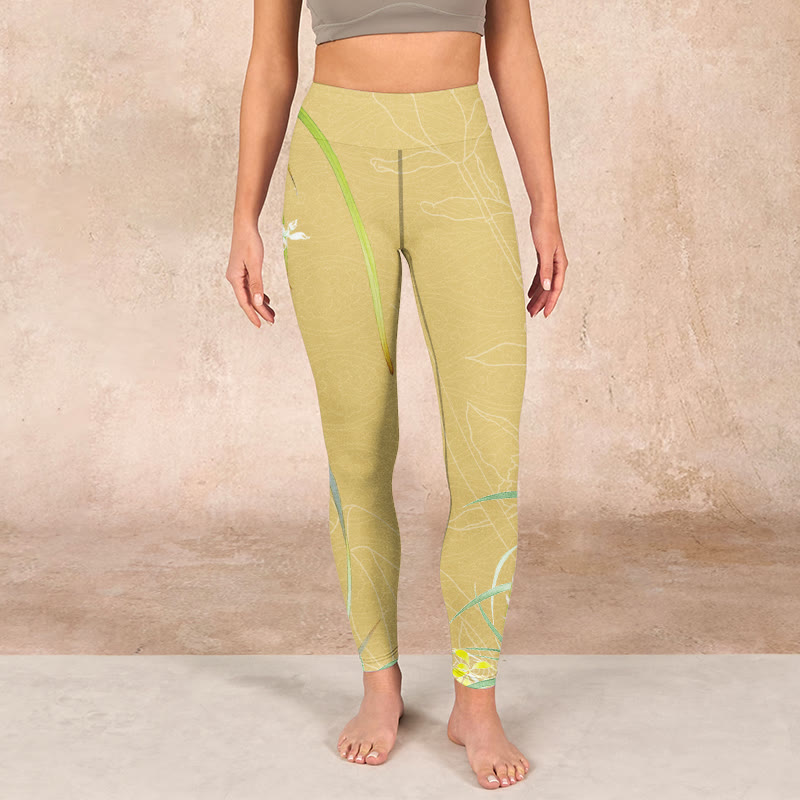 Buddha Stones Yellow Orchid Flowers Weeping Leaves Print Gym Leggings Women's Yoga Pants - image 1