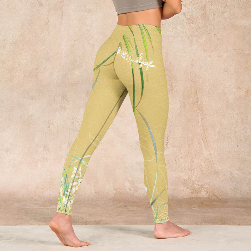 Buddha Stones Yellow Orchid Flowers Weeping Leaves Print Gym Leggings Women's Yoga Pants - image 4