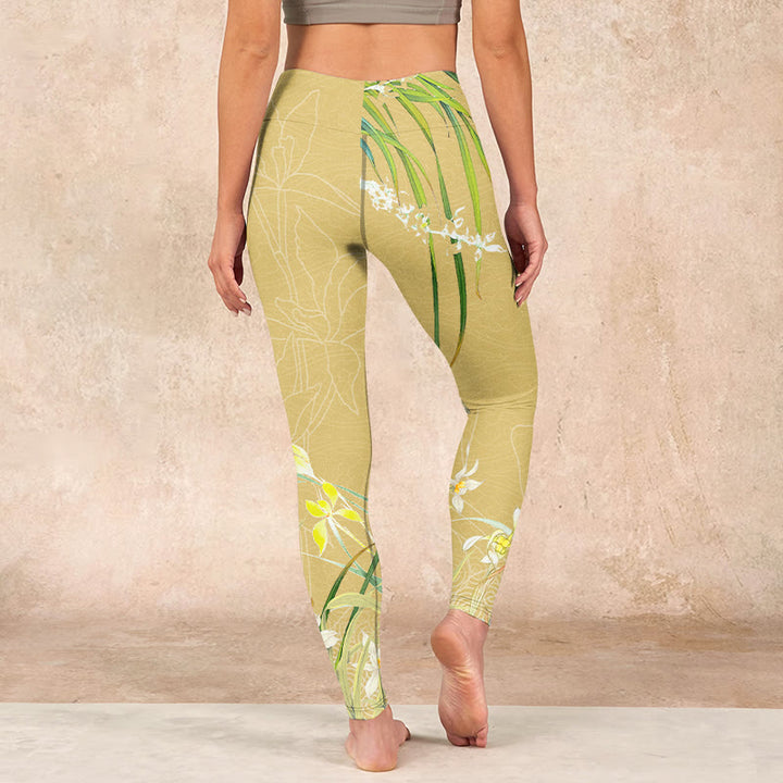 Buddha Stones Yellow Orchid Flowers Weeping Leaves Print Gym Leggings Women's Yoga Pants - image 14