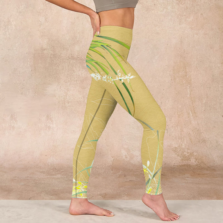 Buddha Stones Yellow Orchid Flowers Weeping Leaves Print Gym Leggings Women's Yoga Pants - image 16