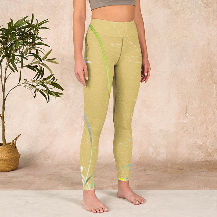 Buddha Stones Yellow Orchid Flowers Weeping Leaves Print Gym Leggings Women's Yoga Pants - image 3
