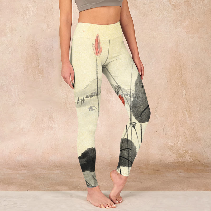 Buddha Stones Lotus Mountains House Print Gym Leggings Women's Yoga Pants - LightGoldenrodYellow - US18，UK/AU22，EU50 (4XL) - image 0