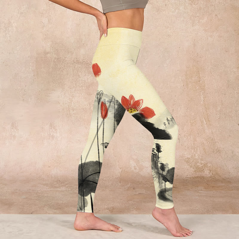 Buddha Stones Lotus Mountains House Print Gym Leggings Women's Yoga Pants - image 16