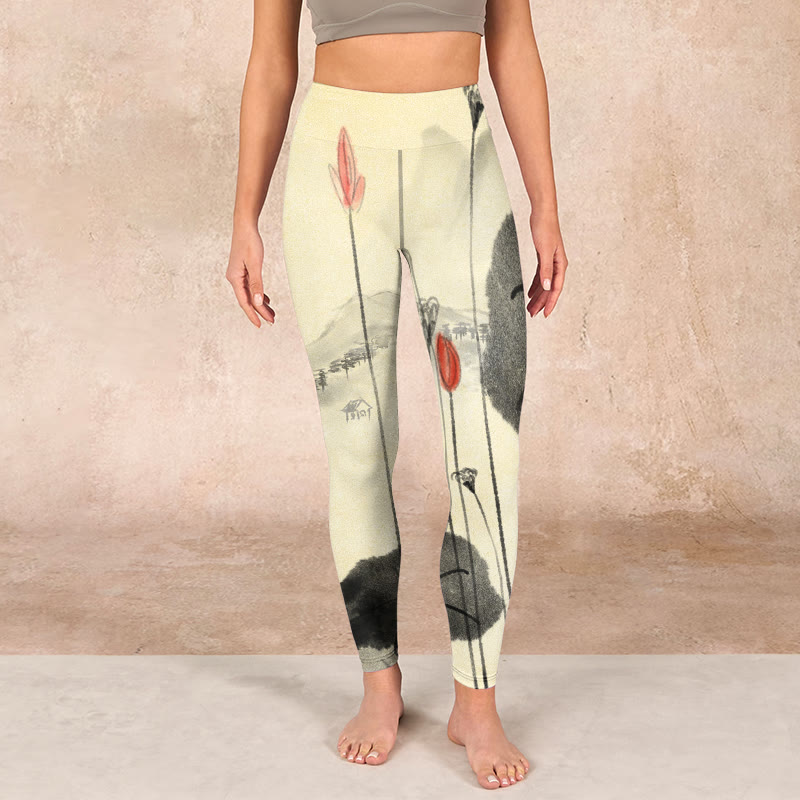 Buddha Stones Lotus Mountains House Print Gym Leggings Women's Yoga Pants - image 1