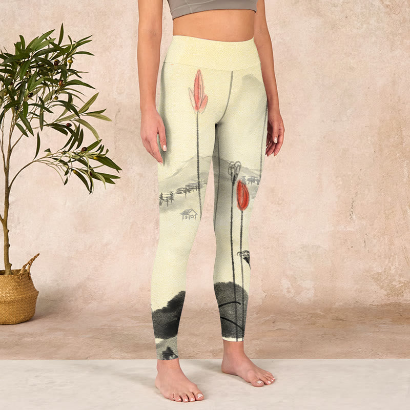Buddha Stones Lotus Mountains House Print Gym Leggings Women's Yoga Pants - image 3