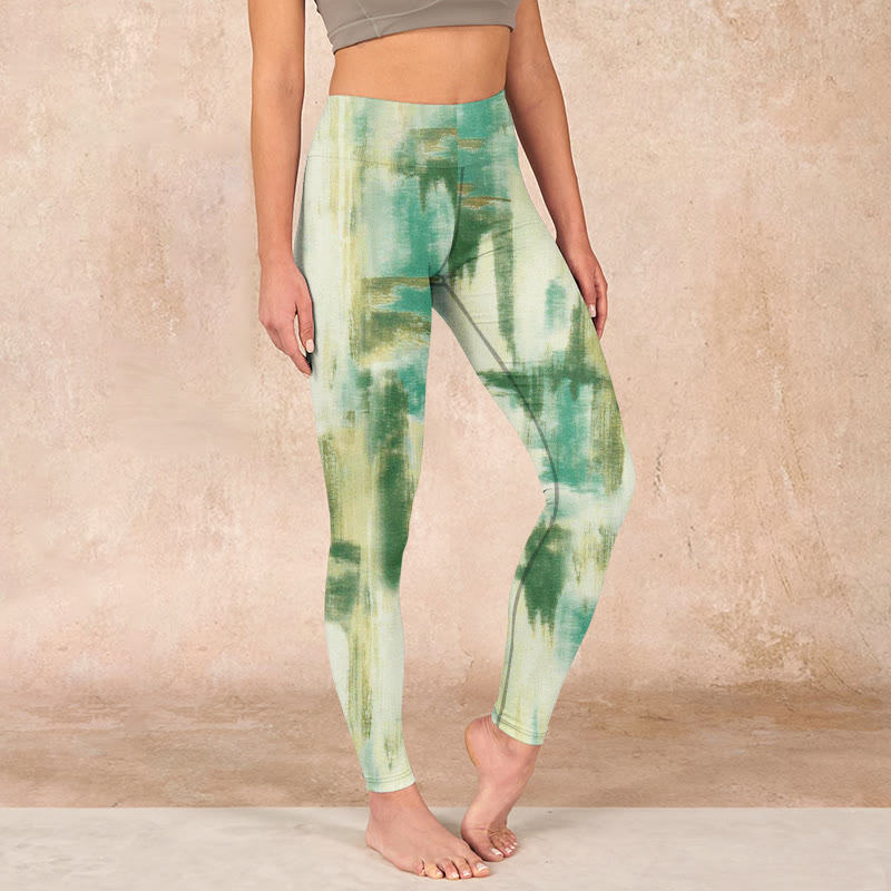 Buddha Stones Beige Green Tie Dye Print Exercise Leggings Women's Yoga Pants - Beige - US18，UK/AU22，EU50 (4XL) - image 0