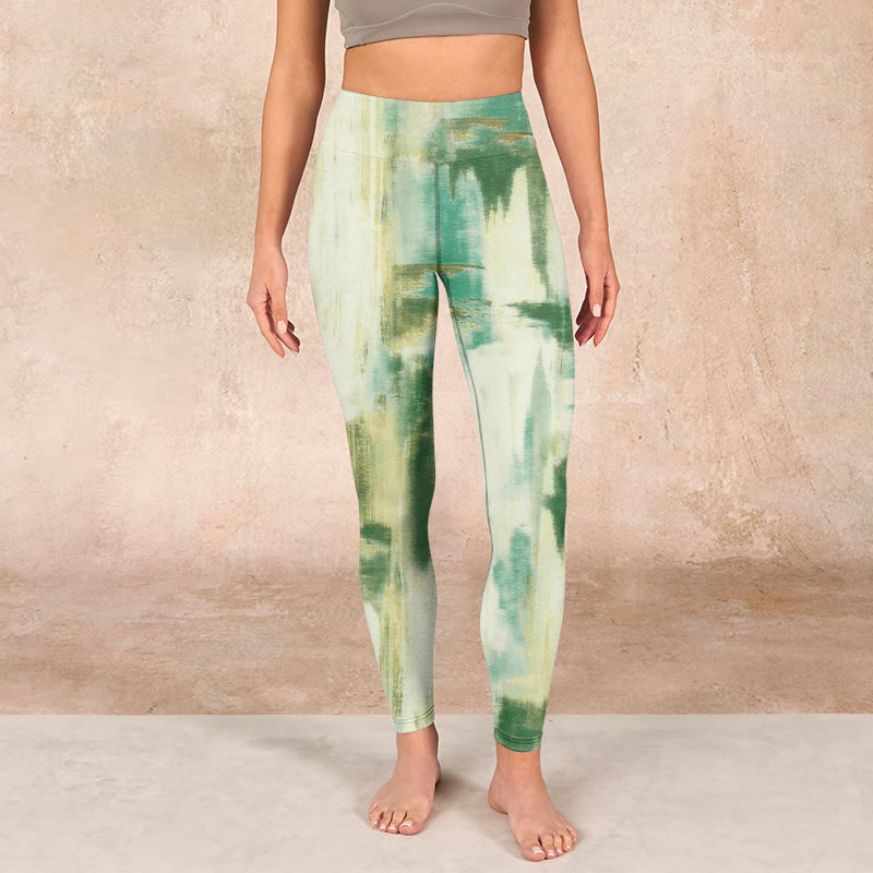 Buddha Stones Beige Green Tie Dye Print Exercise Leggings Women's Yoga Pants - image 1