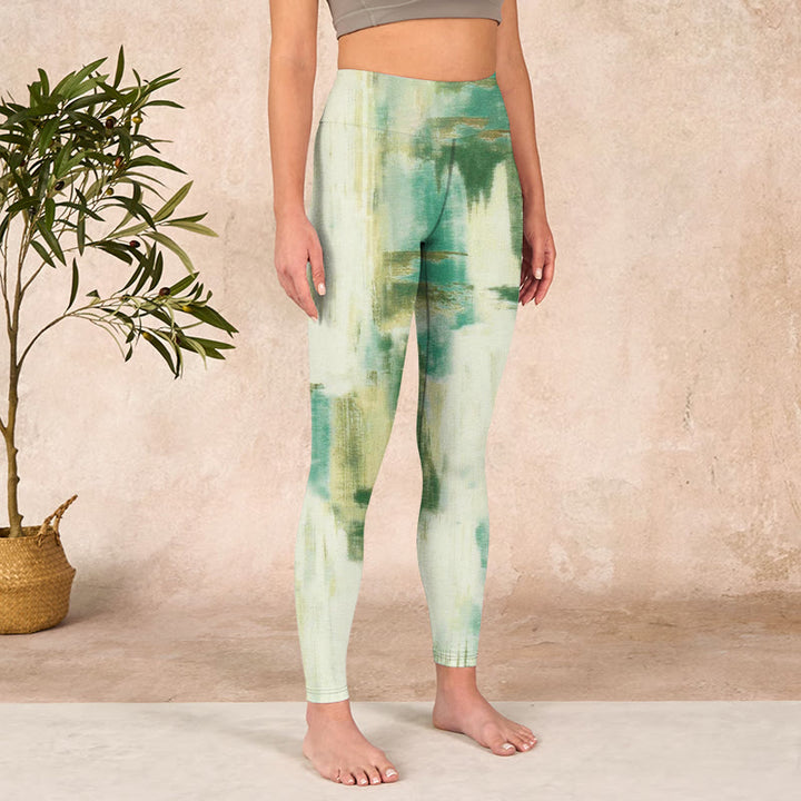 Buddha Stones Beige Green Tie Dye Print Exercise Leggings Women's Yoga Pants - image 3