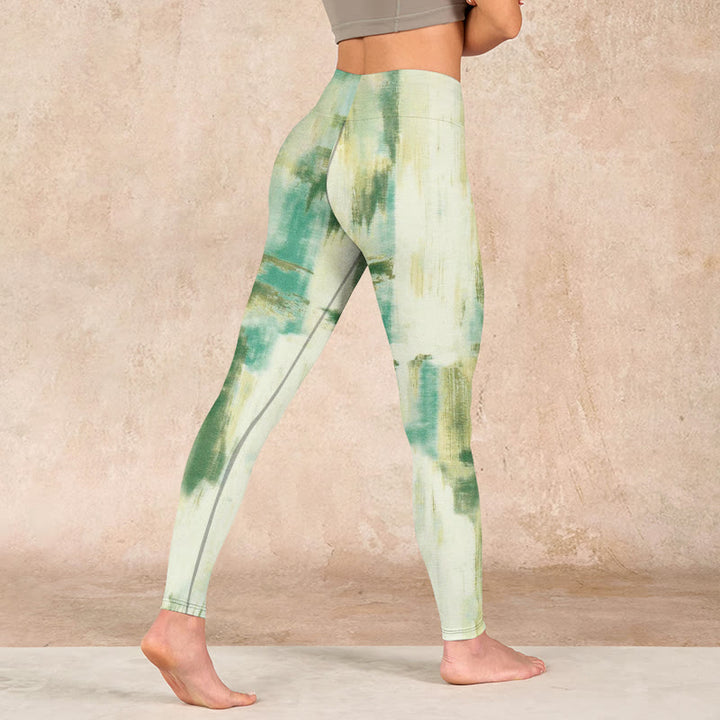 Buddha Stones Beige Green Tie Dye Print Exercise Leggings Women's Yoga Pants - image 4