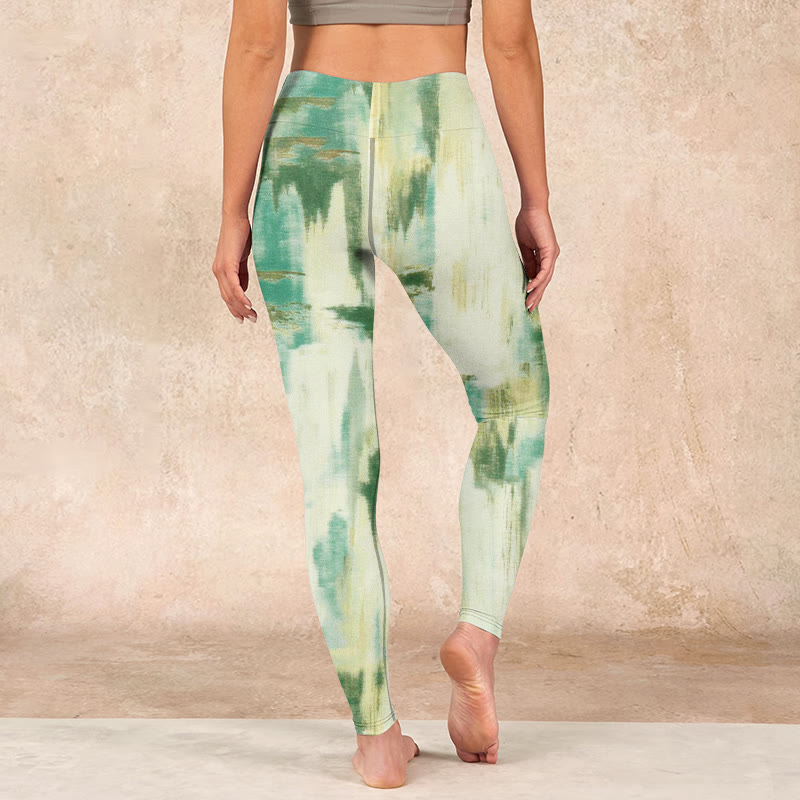 Buddha Stones Beige Green Tie Dye Print Exercise Leggings Women's Yoga Pants - image 14