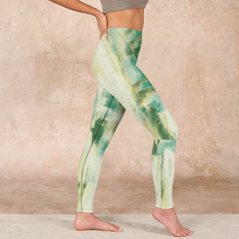 Buddha Stones Beige Green Tie Dye Print Exercise Leggings Women's Yoga Pants - image 15