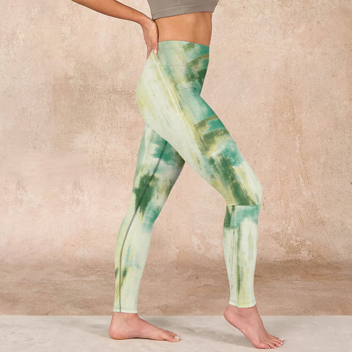 Buddha Stones Beige Green Tie Dye Print Exercise Leggings Women's Yoga Pants - image 15