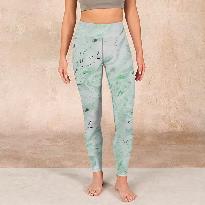Buddha Stones Honeydew Green White Flow Line Print Exercise Leggings Women's Yoga Pants - image 1