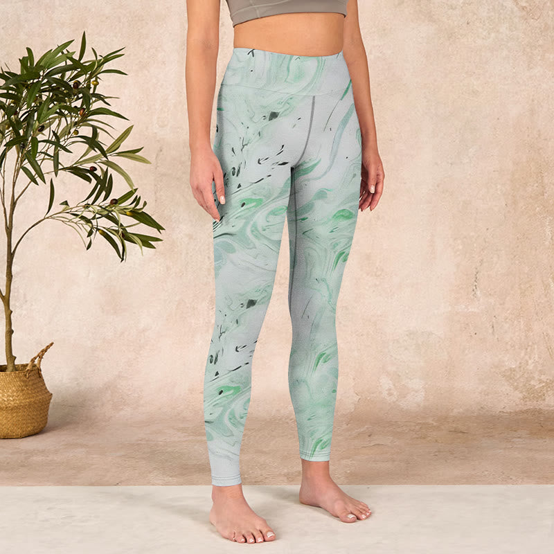 Buddha Stones Honeydew Green White Flow Line Print Exercise Leggings Women's Yoga Pants - image 3