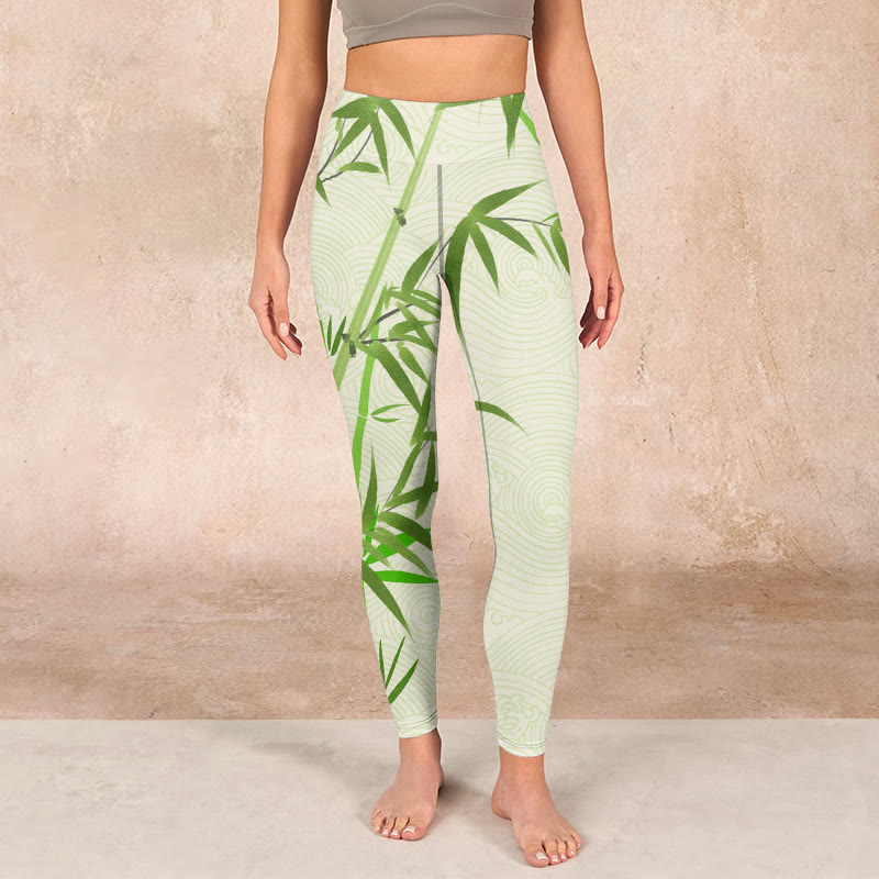 Buddha Stones Lush Bamboo Panda Auspicious Cloud Waves Print Gym Leggings Women's Yoga Pants - image 1
