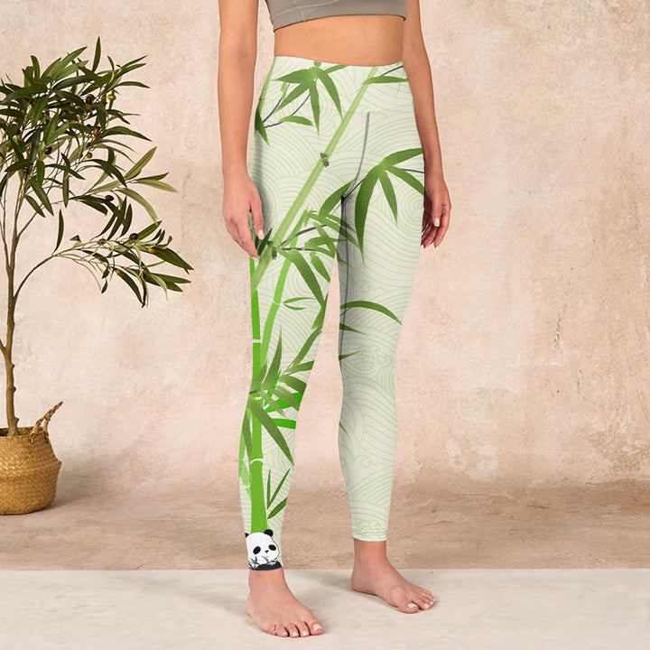 Buddha Stones Lush Bamboo Panda Auspicious Cloud Waves Print Gym Leggings Women's Yoga Pants - image 3