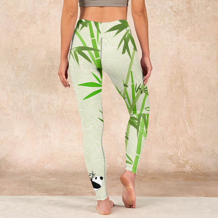 Buddha Stones Lush Bamboo Panda Auspicious Cloud Waves Print Gym Leggings Women's Yoga Pants - image 14