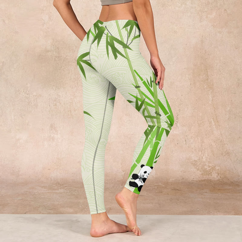Buddha Stones Lush Bamboo Panda Auspicious Cloud Waves Print Gym Leggings Women's Yoga Pants - image 2