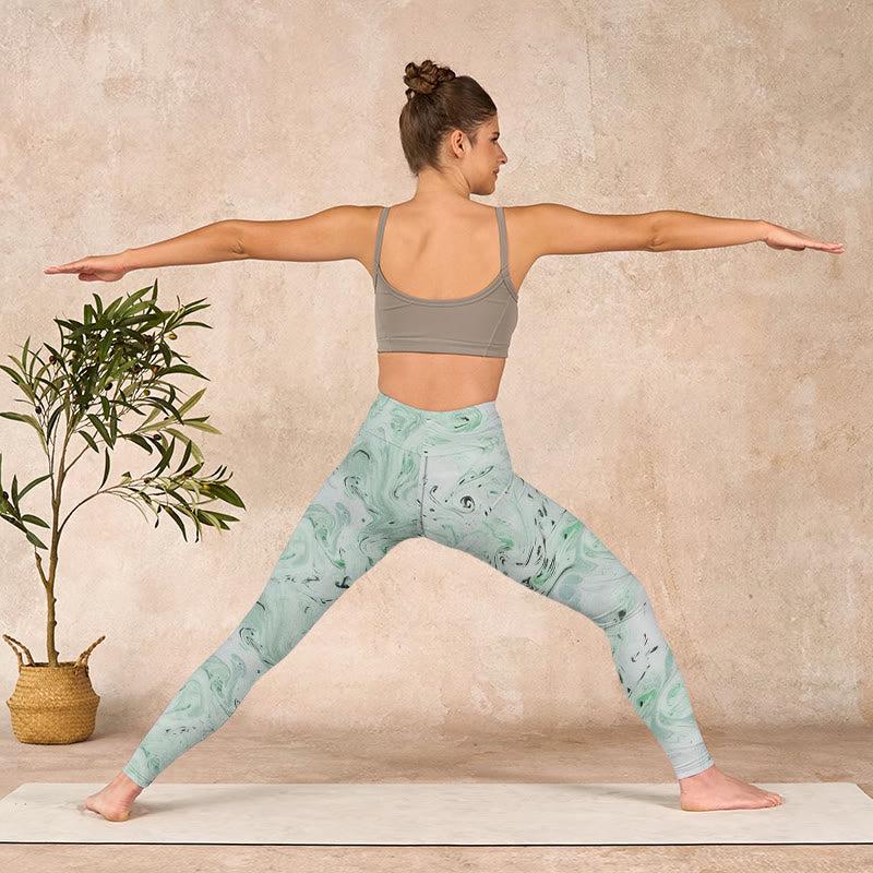 Buddha Stones Honeydew Green White Flow Line Print Exercise Leggings Women's Yoga Pants - image 10