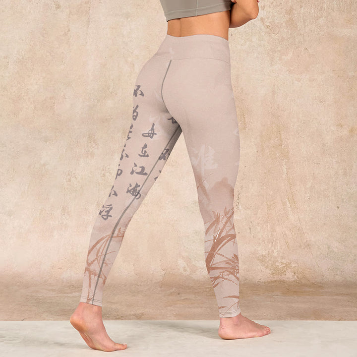 Buddha Stones Calligraphy Orchid Print Gym Leggings Women's Yoga Pants - image 4