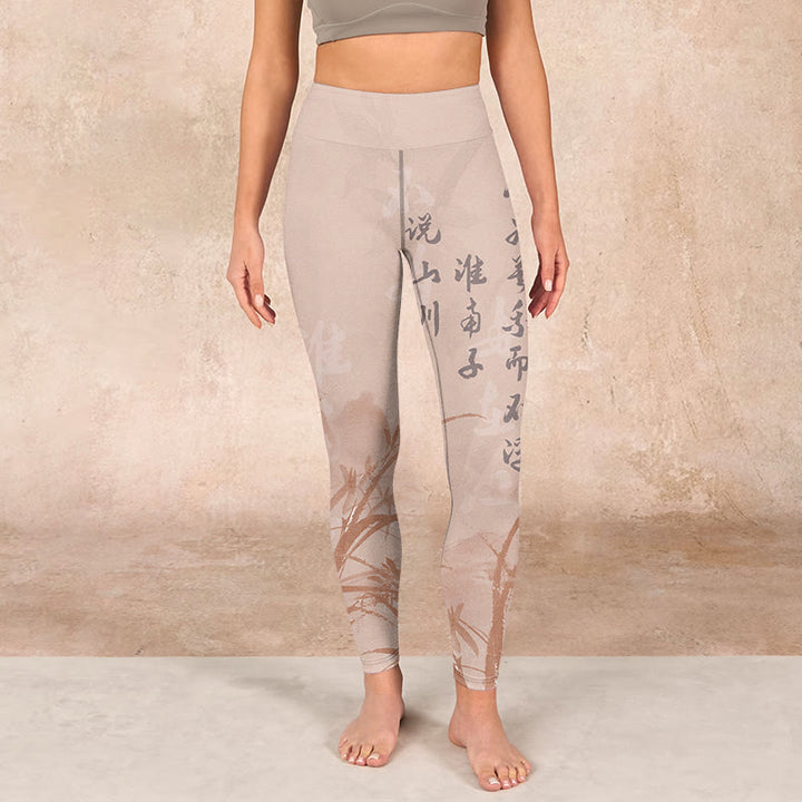 Buddha Stones Calligraphy Orchid Print Gym Leggings Women's Yoga Pants - image 1