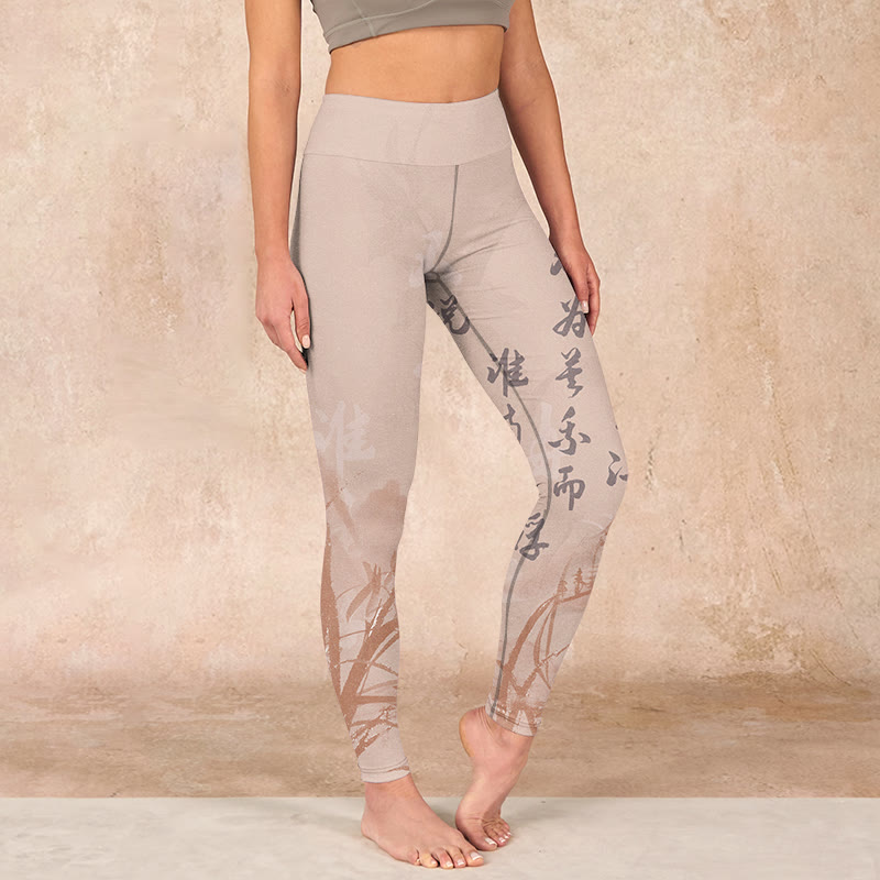 Buddha Stones Calligraphy Orchid Print Gym Leggings Women's Yoga Pants - PapayaWhip - US18，UK/AU22，EU50 (4XL) - image 0