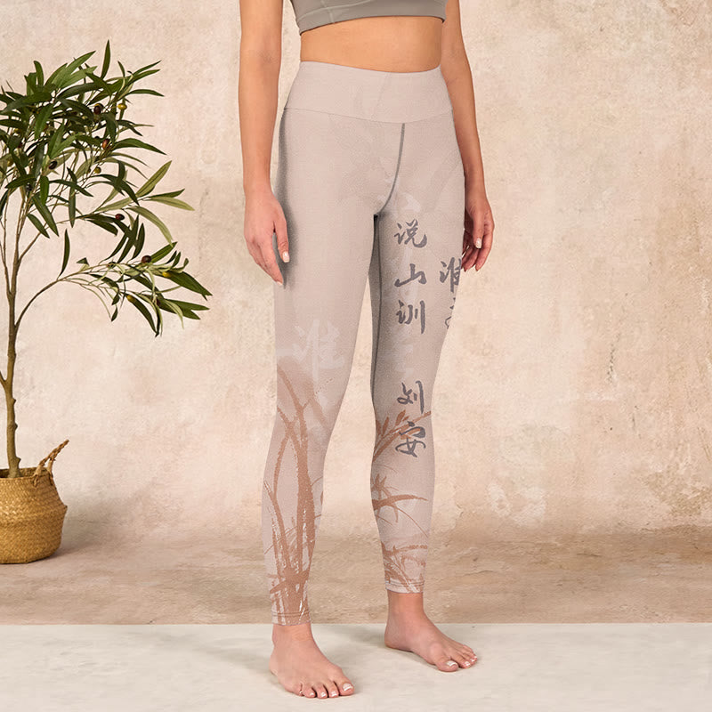 Buddha Stones Calligraphy Orchid Print Gym Leggings Women's Yoga Pants - image 3