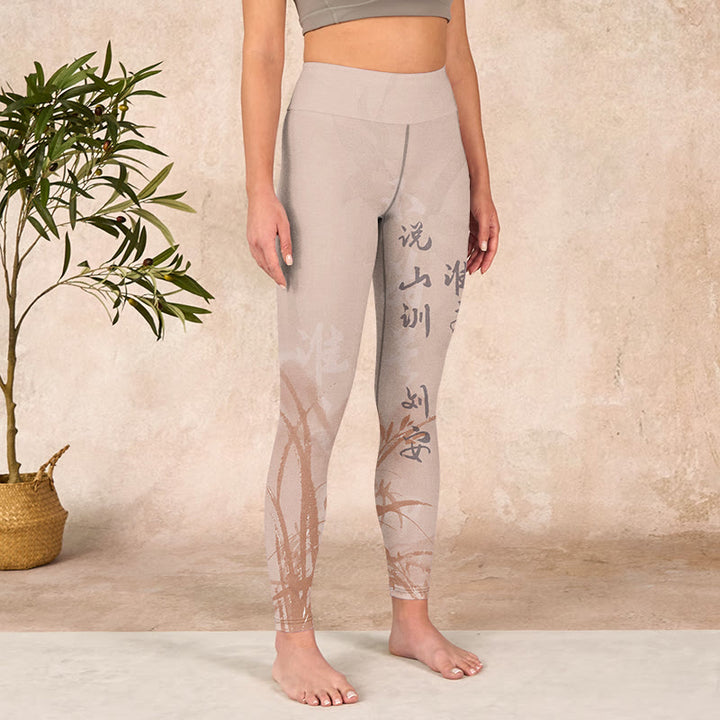 Buddha Stones Calligraphy Orchid Print Gym Leggings Women's Yoga Pants - image 3