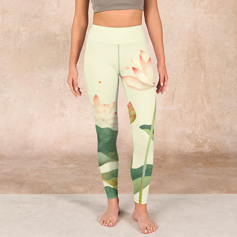 Buddha Stones Lotus Flower Leaf Dragonfly Print Fitness Leggings Women's Yoga Pants - image 1
