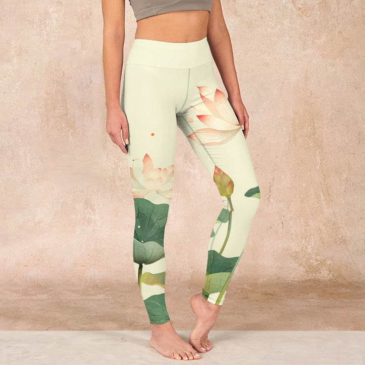 Buddha Stones Lotus Flower Leaf Dragonfly Print Fitness Leggings Women's Yoga Pants - AntiqueWhite - US18，UK/AU22，EU50 (4XL) - image 0
