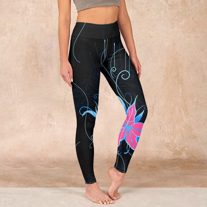 Buddha Stones Black Pink Blue Flowers Print Fitness Leggings Women's Yoga Pants - Black - US18，UK/AU22，EU50 (4XL) - image 0