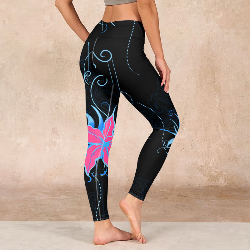 Buddha Stones Black Pink Blue Flowers Print Fitness Leggings Women's Yoga Pants - image 2