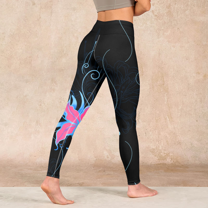Buddha Stones Black Pink Blue Flowers Print Fitness Leggings Women's Yoga Pants - image 4