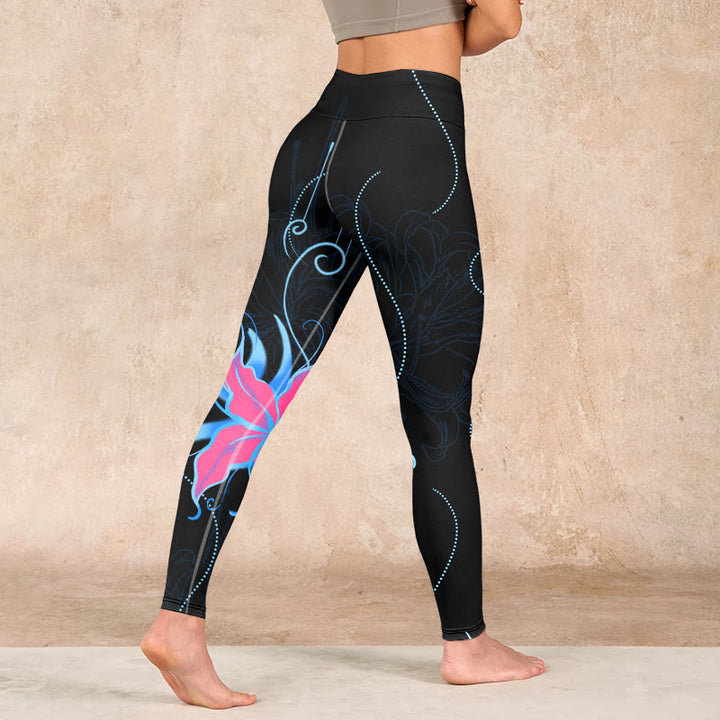 Buddha Stones Black Pink Blue Flowers Print Fitness Leggings Women's Yoga Pants - image 4