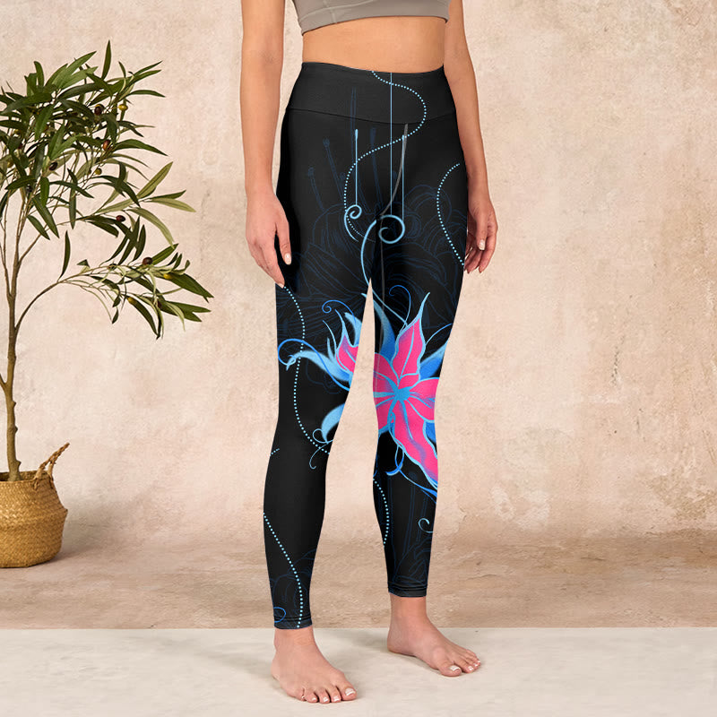 Buddha Stones Black Pink Blue Flowers Print Fitness Leggings Women's Yoga Pants - image 3