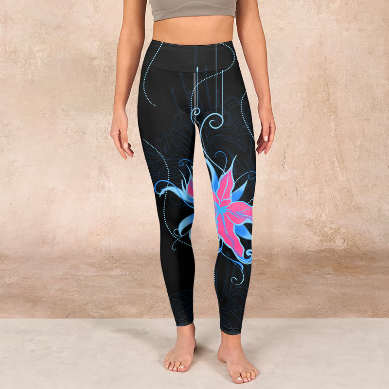Buddha Stones Black Pink Blue Flowers Print Fitness Leggings Women's Yoga Pants - image 1