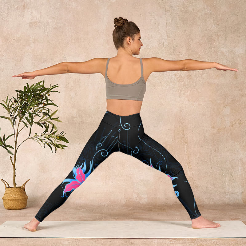 Buddha Stones Black Pink Blue Flowers Print Fitness Leggings Women's Yoga Pants - image 10