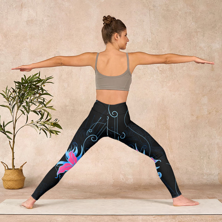 Buddha Stones Black Pink Blue Flowers Print Fitness Leggings Women's Yoga Pants - image 10