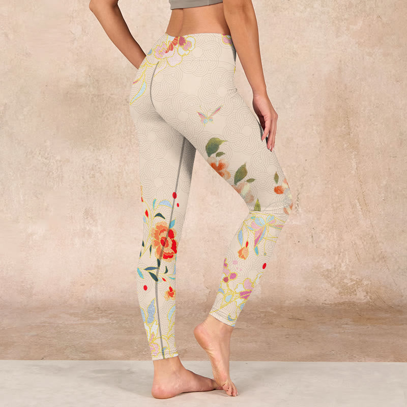 Buddha Stones Apricot Butterfly Peony Flowers Leaves Print Gym Leggings Women's Yoga Pants - image 2