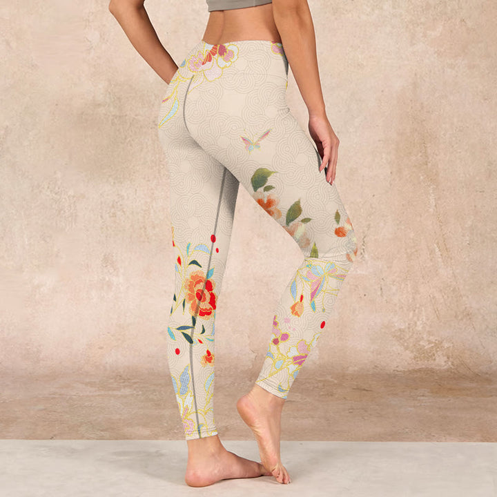 Buddha Stones Apricot Butterfly Peony Flowers Leaves Print Gym Leggings Women's Yoga Pants - image 2