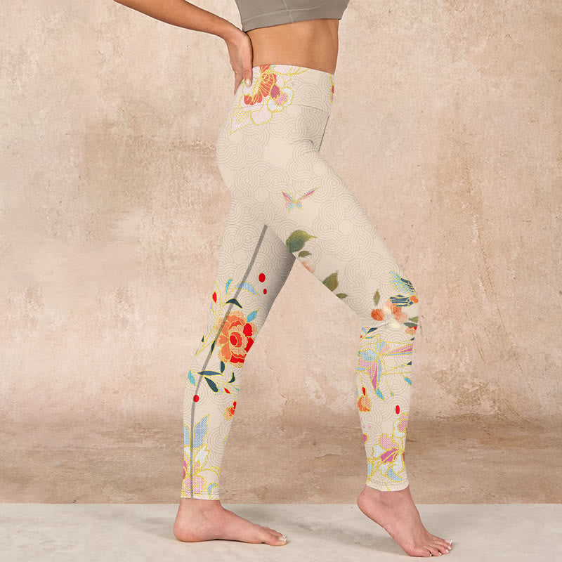 Buddha Stones Apricot Butterfly Peony Flowers Leaves Print Gym Leggings Women's Yoga Pants - image 16