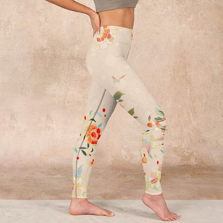 Buddha Stones Apricot Butterfly Peony Flowers Leaves Print Gym Leggings Women's Yoga Pants - image 16