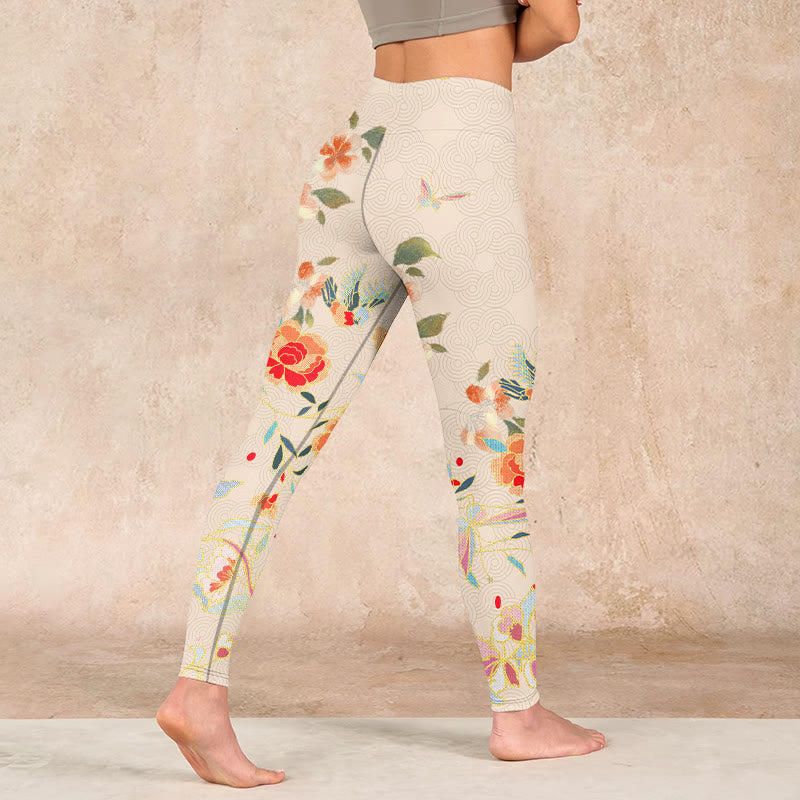 Buddha Stones Apricot Butterfly Peony Flowers Leaves Print Gym Leggings Women's Yoga Pants - image 4