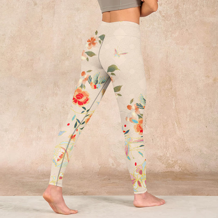 Buddha Stones Apricot Butterfly Peony Flowers Leaves Print Gym Leggings Women's Yoga Pants - image 4